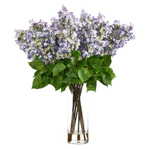 24 in. Purple Artificial Lilac Floral Arrangement with Cylinder Glass Vase
