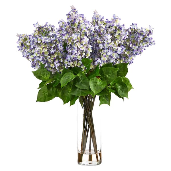 Nearly Natural 24 in. Purple Artificial Lilac Floral Arrangement with Cylinder Glass Vase