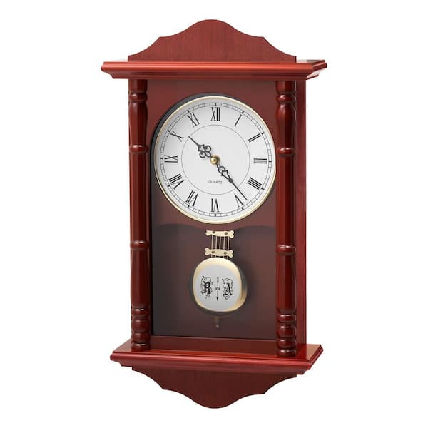 Grandfather Clock, 18 in. Vintage Pendulum Clock, Pine Wood & MDF Wall Clocks with Quartz Movement(Cherry Tone Finish)