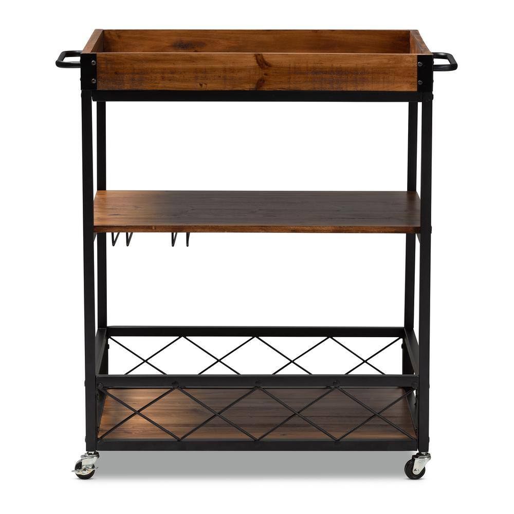 Capri Rustic Oak and Black Metal Mobile Bar Cart with Wine Storage