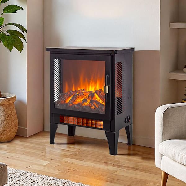 14.2 in. Freestanding Electric Fireplace Stove Heater, with 3D Flame Effect in Black