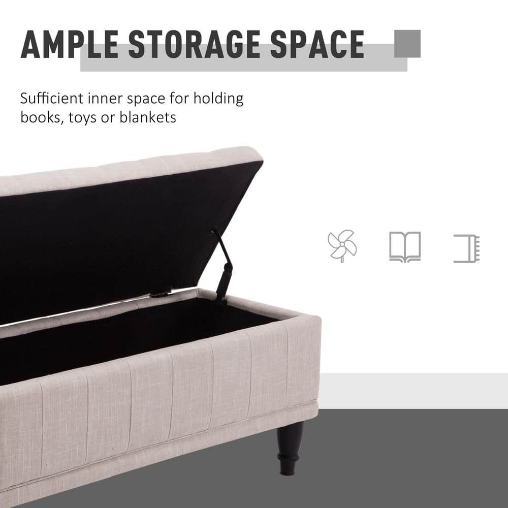 Beige Linen Tufted Storage Ottoman Bench with Hardwood Legs
