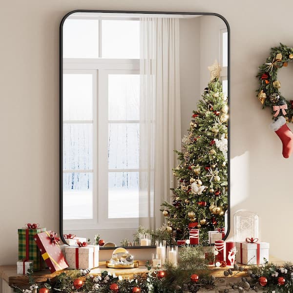 30 in. W x 40 in. H Rectangular Modern Aluminum Alloy Framed Rounded Black Wall Mirror