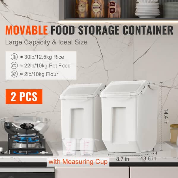 Ingredient Storage Bin Set, 2 x 15 L with Measuring Cups, Casters and Airtight Lid, for Pet Food or Kitchen, 2-Piece, PP