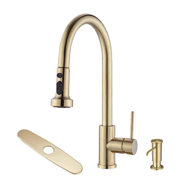 Tahanbath Single Handle Deck Mount Gooseneck Pull Down Sprayer Kitchen Faucet with Deckplate and Soap Dispenser in Brushed Gold