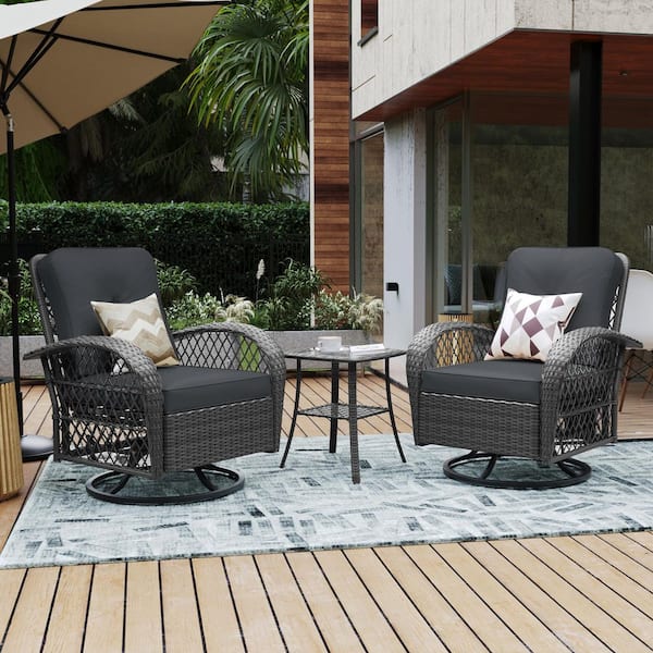 UPHA 3-Piece Wicker Patio Outdoor Rocking Chair Swivel Chair with Coffee Side Table and Dark Gray Cushions