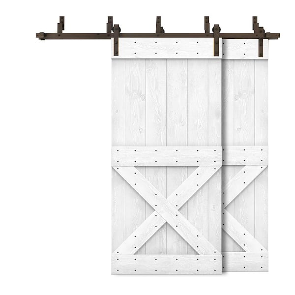 CALHOME 80 in. x 84 in. Mini X-Bypass White Stained DIY Solid Wood Interior Double Sliding Barn Door with Hardware Kit