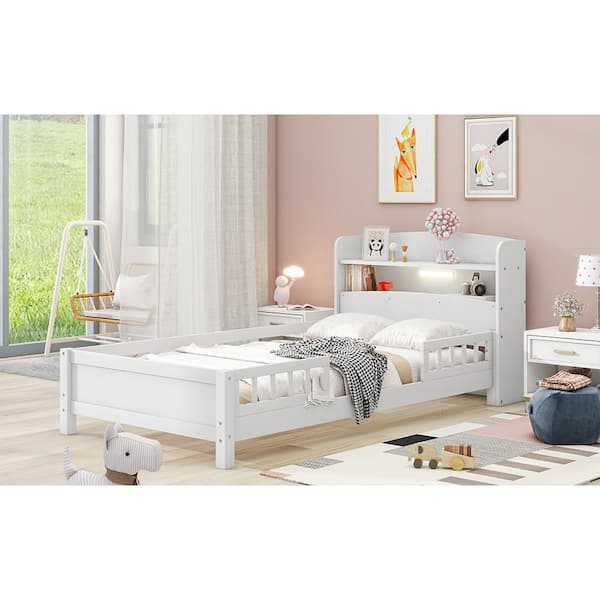 White Wood Frame Twin Size Platform Bed with Built-in LED Light, Storage Headboard and Guardrail