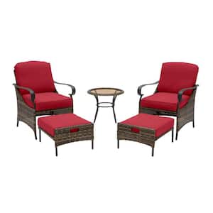 Layton Pointe 5-Piece Brown Wicker Outdoor Patio Conversation Seating Set with CushionGuard Chili Red Cushions