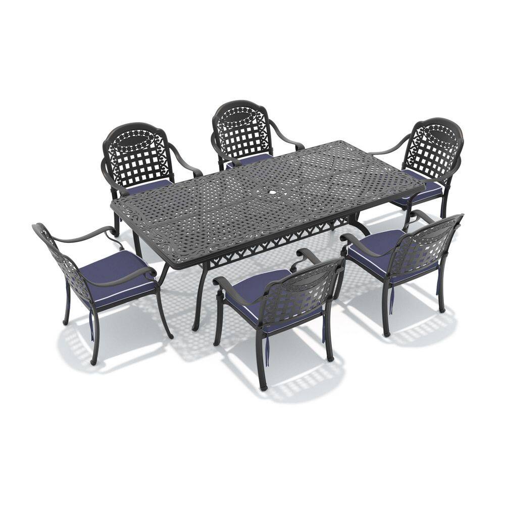 7-Piece Aluminum Patio Outdoor Dining Set with 6 Chairs, Rectangular Table, Umbrella Hole and Blue Cushions price history on PriceWatchPro