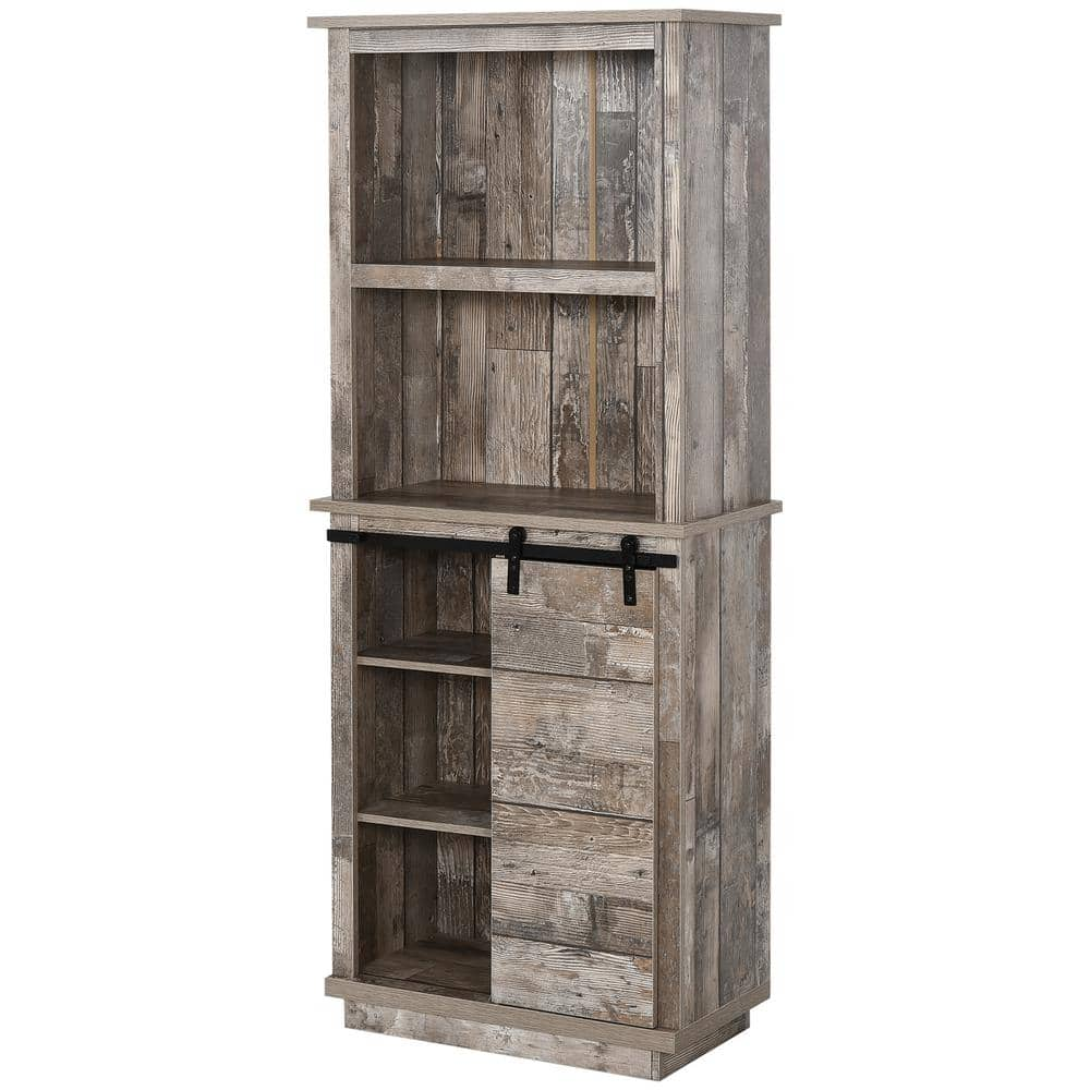  64.5 in. Wood Pantry Organizer with Sliding Barn Door, Adjustable Shelf in Vintage