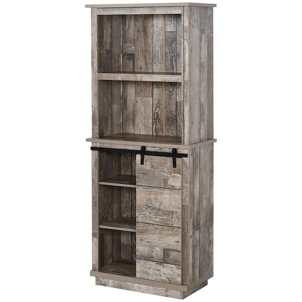 Unbranded 64.5 in. Wood Pantry Organizer with Sliding Barn Door, Adjustable Shelf in Vintage