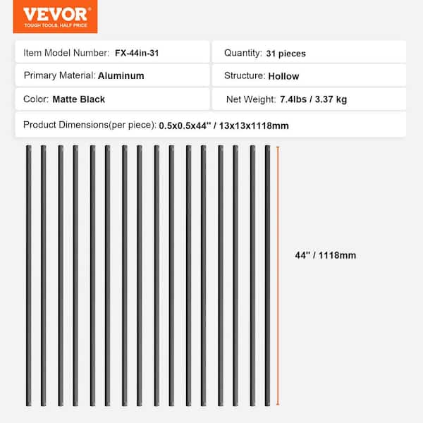 VEVOR Staircase Balusters 44.02 in. H x 0.51 in. W Square Black Aluminum Alloy Stair Railing Kit Deck Baluster (31-Pack)