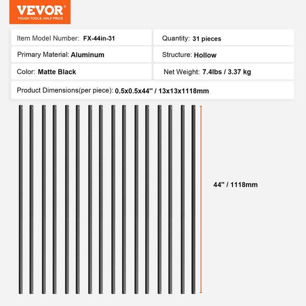 VEVOR Staircase Balusters 44.02 in. H x 0.51 in. W Square Black Aluminum Alloy Stair Railing Kit Deck Baluster (31-Pack)