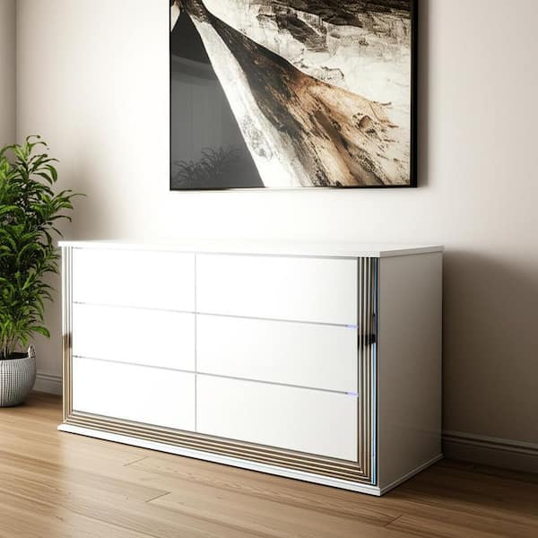 White 6 Drawer 61.02 in. Dresser with Mirror