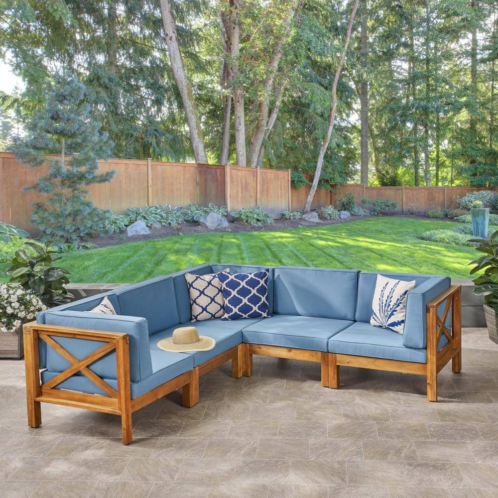 Teak Brown 5-Seater Acacia Wood Outdoor Sectional Sofa with Blue Cushions