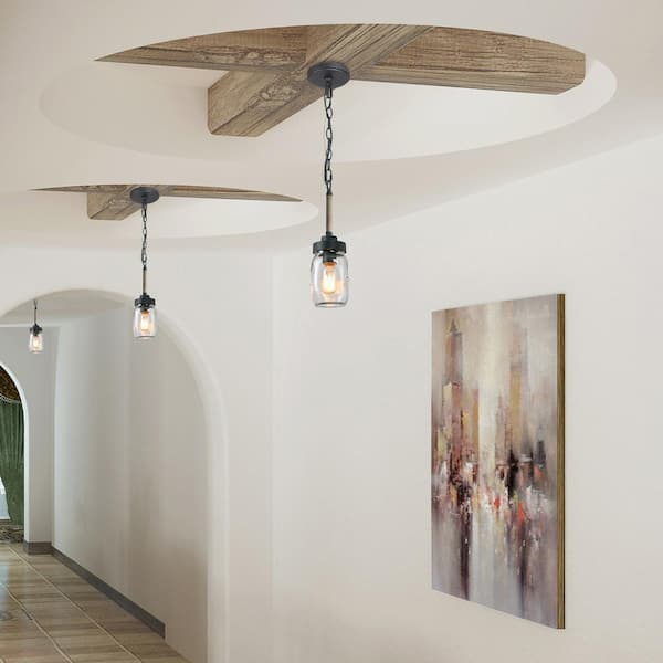 1-Light Dark Gray Industrial Island Pendant-Light with Mason Jar Shade Farmhouse Hanging Light with Faux wood accent