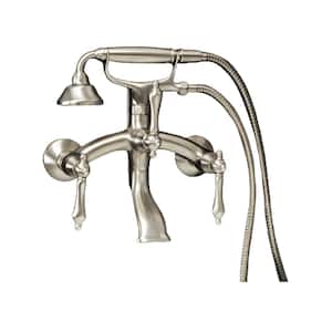 Vintage Style 3-Handle Wall Mount Claw Foot Tub Faucet with Metal Levers and Handshower in Brushed Nickel