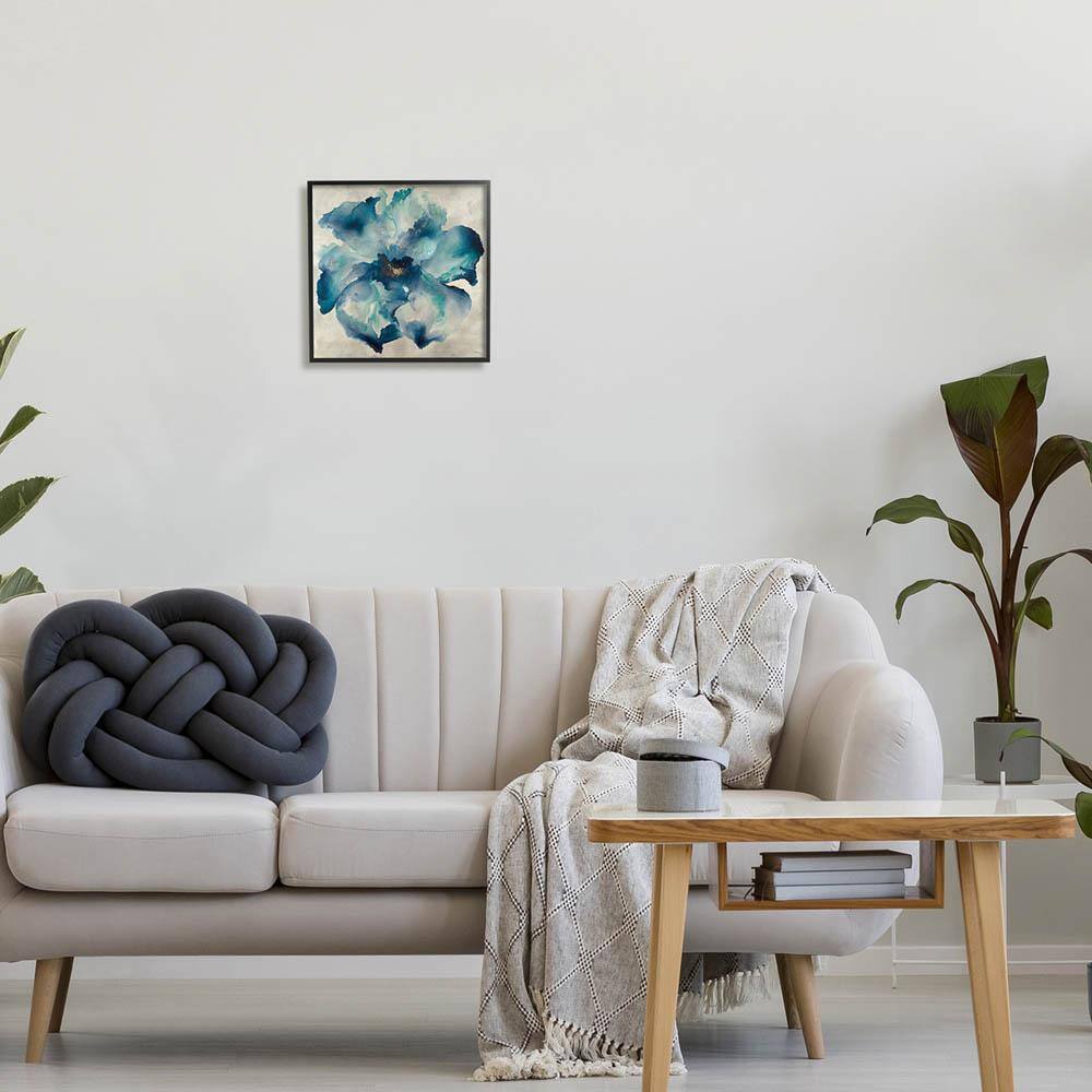 Dark Misty Blue Watercolor Flower Painting on Canvas with Black Frame, 12 x 12