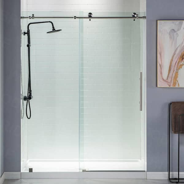 WOODBRIDGE 48 in. W x 76 in. H Sliding Frameless Shower Door in Brushed Nickel Finish with 3/8 in. Clear Glass