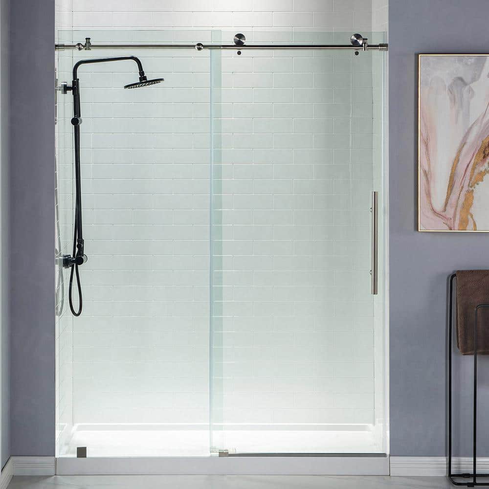 76” H Frameless Sliding Shower Door (56-60 Inch Adjustable Width) with Reversible Installation, Safety Glass, Anti-Splash Design