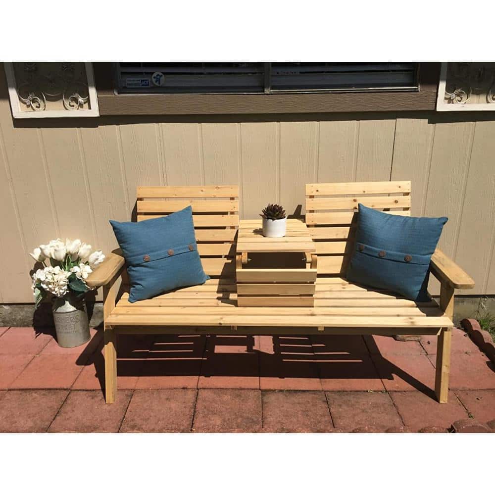 Natural Cedar/Fir Wood 3-Seat Bench with Foldable Table