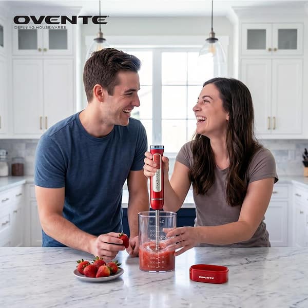 OVENTE Immersion Blender Red Stainless Steel Blades 200-Watt