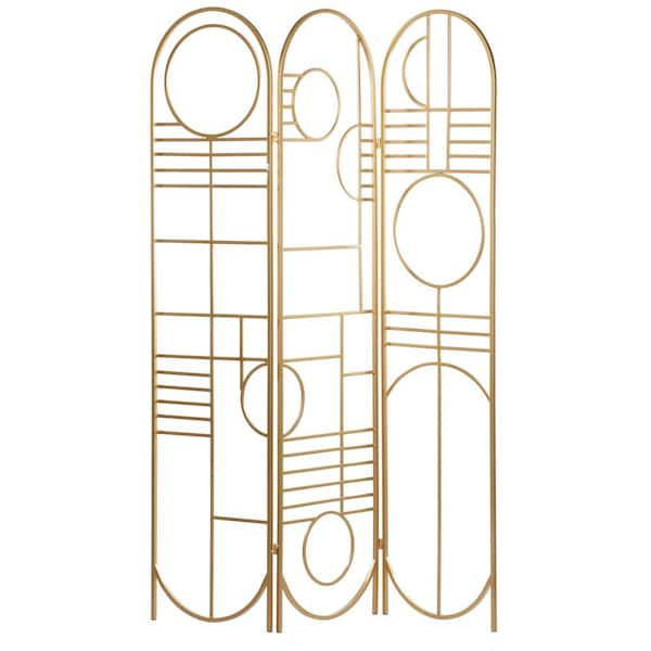 7 ft. Brass 3 Panel Geometric Hinged Foldable Partition Room Divider Screen