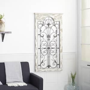 27 in. x  51 in. Wood White Arabesque Scroll Wall Decor with Metal Fleur De Lis Relief