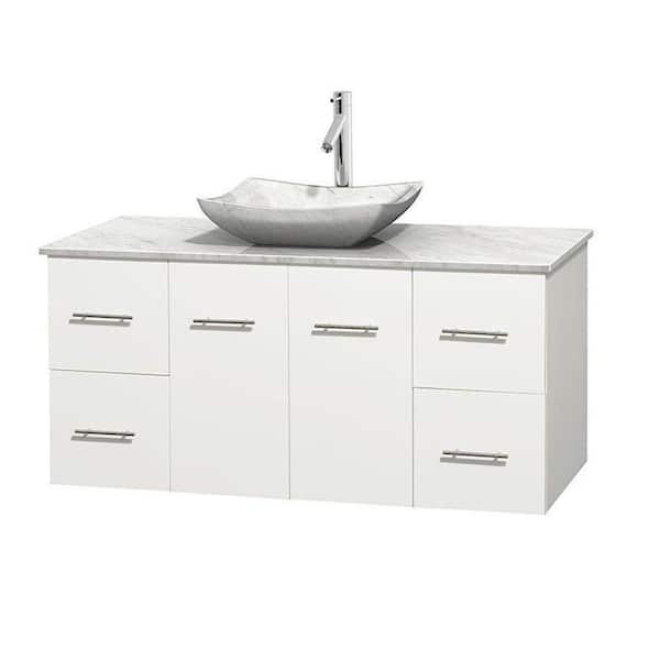 Wyndham Collection Centra 48 in. Vanity in White with Marble Vanity Top in Carrara White and Sink