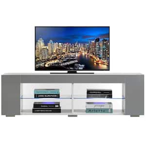 White Entertainment TV Stand with LED Lights and Glass Shelves with UV Frame, 52.75 in. W