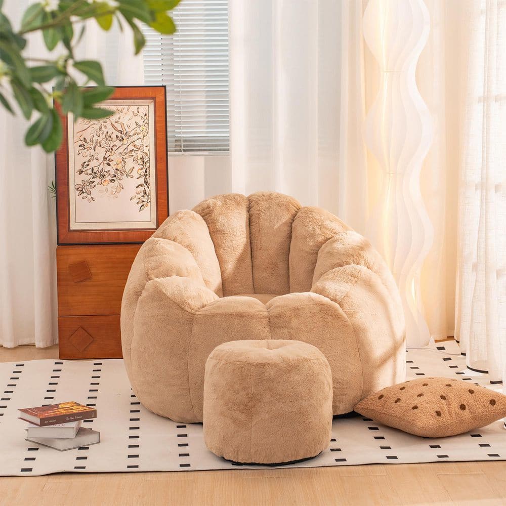 Khaki Faux Fur Giant Oversized Ultra Plush Fluffy Comfortable Soft Shell Shaped Floor Sofa Lounge Seat Bean Bag