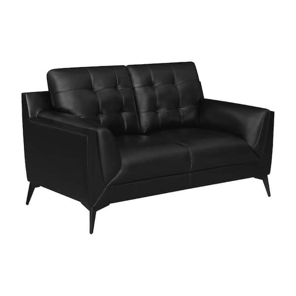 Benjara 64 in. Black Solid Print Faux Leather 2-Seater Loveseat with Double Track Arms