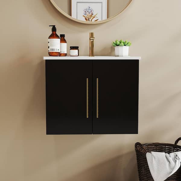24 in. Single Sink Floating Black Bath Vanity with White Ceramic Top