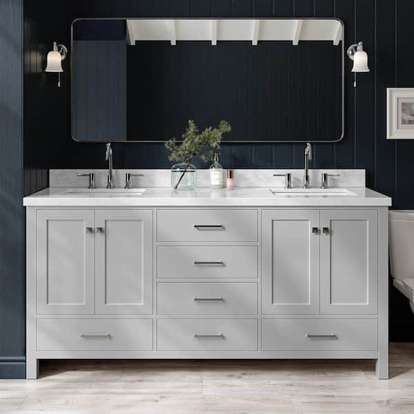 ARIEL Cambridge 72 in. Double Sink Freestanding Bathroom Vanity in Gray with Carrara White Marble Top