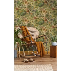 Multi-Color Flowers and Peacock in Distressed Concrete Shelf Liner Wallpaper (57 sq. ft) Double Roll