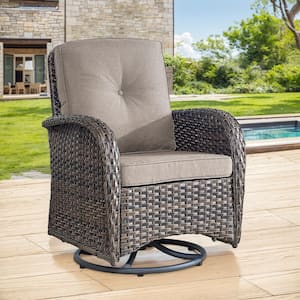 Brown Swivel Wicker Outdoor Rocking Chair with Gray Cushion and Glide Function (1-Pack)