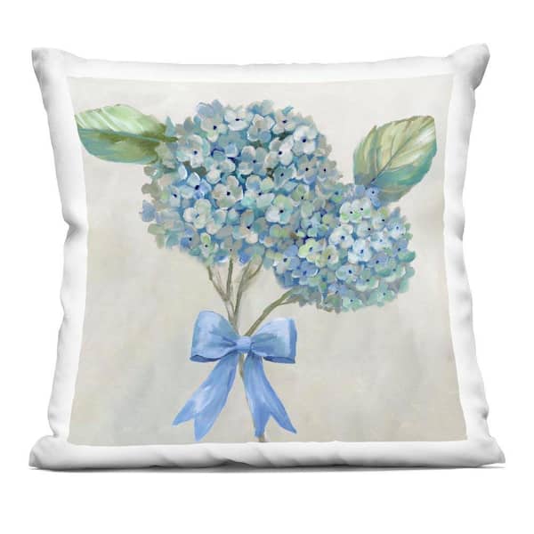 Hydrangea Beauty and Bow Blue Floral Zipper Polyester 18 in. x 18 in. Throw Pillow