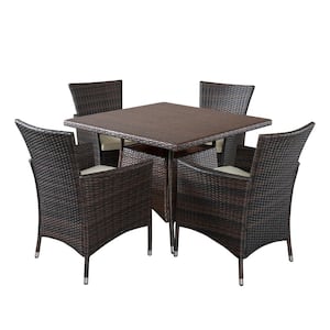 Danielle Multi-Brown 5-Piece Faux Rattan Square Outdoor Dining Set with Beige Cushions