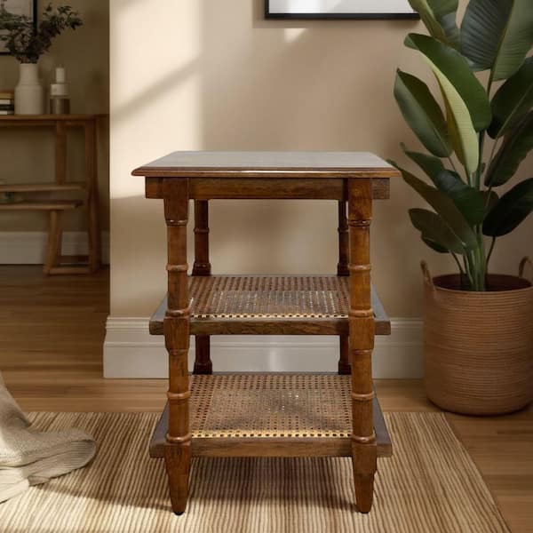 Carolina Chair & Table Chesterfield 18 in. Square Chestnut Wood and Cane End Table with 3-Shelves
