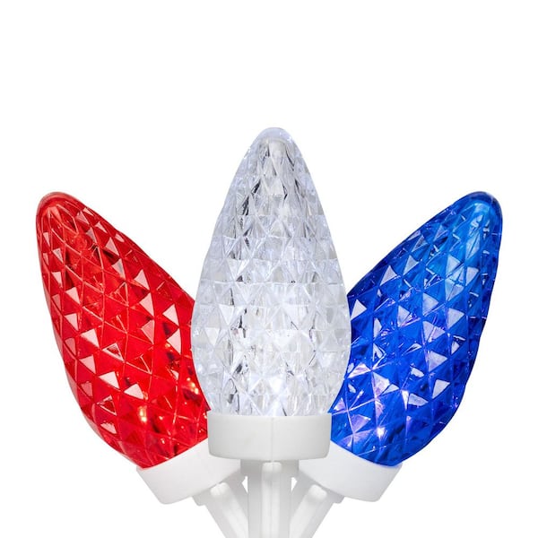 Patriotic LED C9 Faceted Christmas Lights-Red White and Blue-66 ft. White Wire-100ct