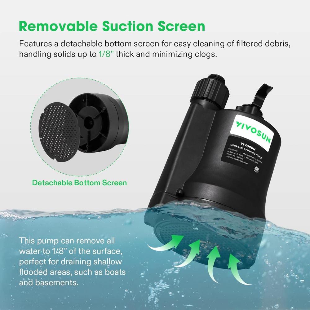 Black Thermoplastic 1/5HP Submersible Utility Pump with 10ft Cord