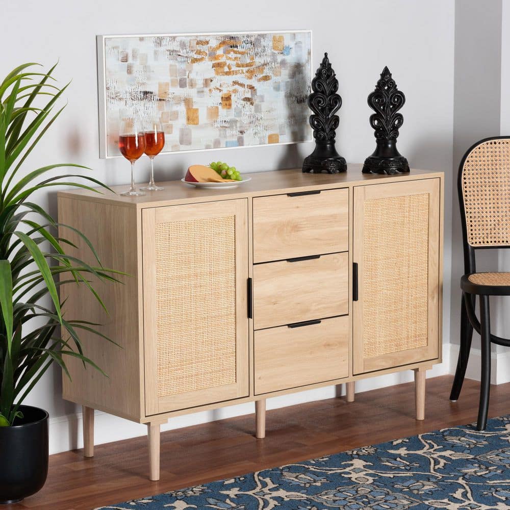 Harrison Natural Wood and Rattan 3-Drawer Buffet Sideboard
