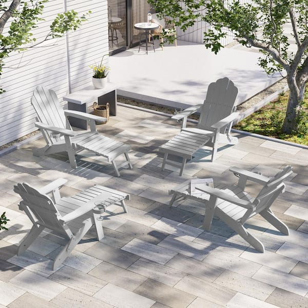 JOYESERY Light Gray Folding Adirondack Chair with Retractable Ottoman, HIPS Adirondack Chair with Cup Holder (Set of 4)