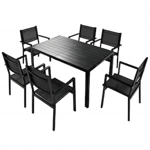 7-Piece High-quality Metal Outdoor Black Dining Table and Chair Set Suitable for Patio, Balcony and Backyard