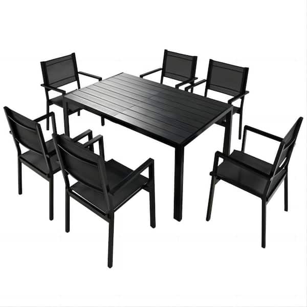 Clihome 7-Piece High-quality Metal Outdoor Black Dining Table and Chair Set Suitable for Patio, Balcony and Backyard