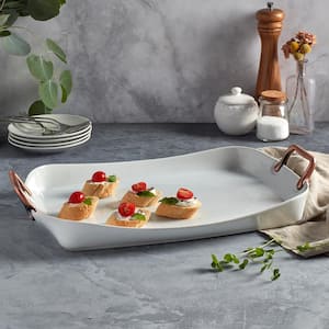 19 in. Rectangular White Shallow with Copper Handles Porcelain Chip Resistant Tray