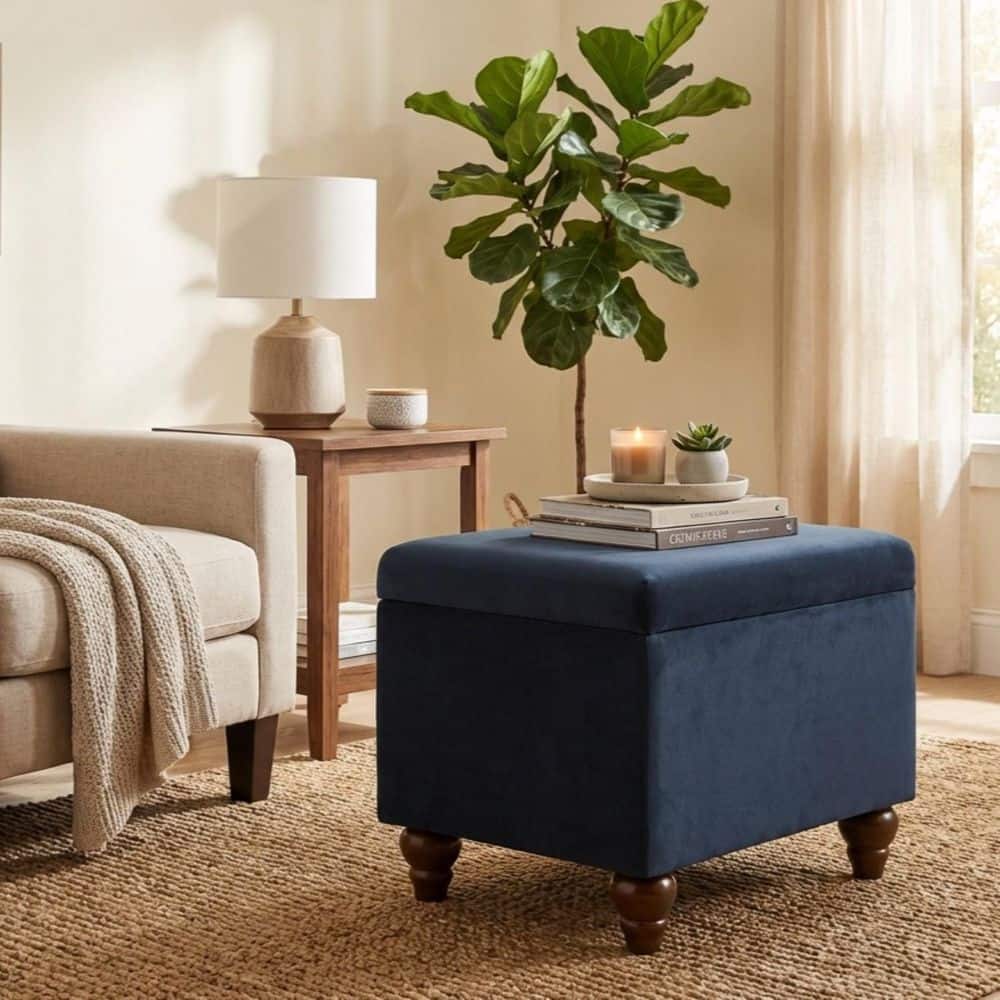Blue Velvet Medium Ottoman with Storage