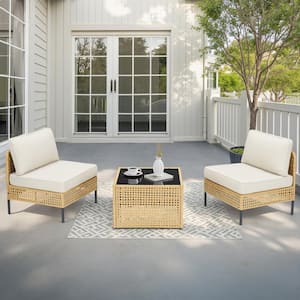 Nyajiah 3-Piece Yellow Wicker Outdoor Sectional Set with Beige Cushions, 2 Armless Chairs, 1 Coffee Table