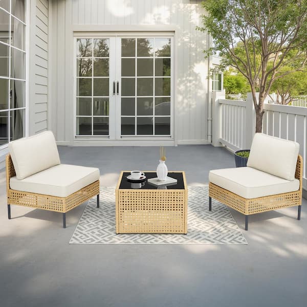 Buenaola Nyajiah 3-Piece Yellow Wicker Outdoor Sectional Set with Beige Cushions, 2 Armless Chairs, 1 Coffee Table